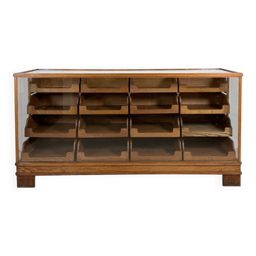 Solid Oak Haberdashery Glass Showcase with 16 Drawers – ca. 1940s