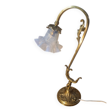 bronze and brass lamp with a magnificent blue moulded tulip, opalescent,