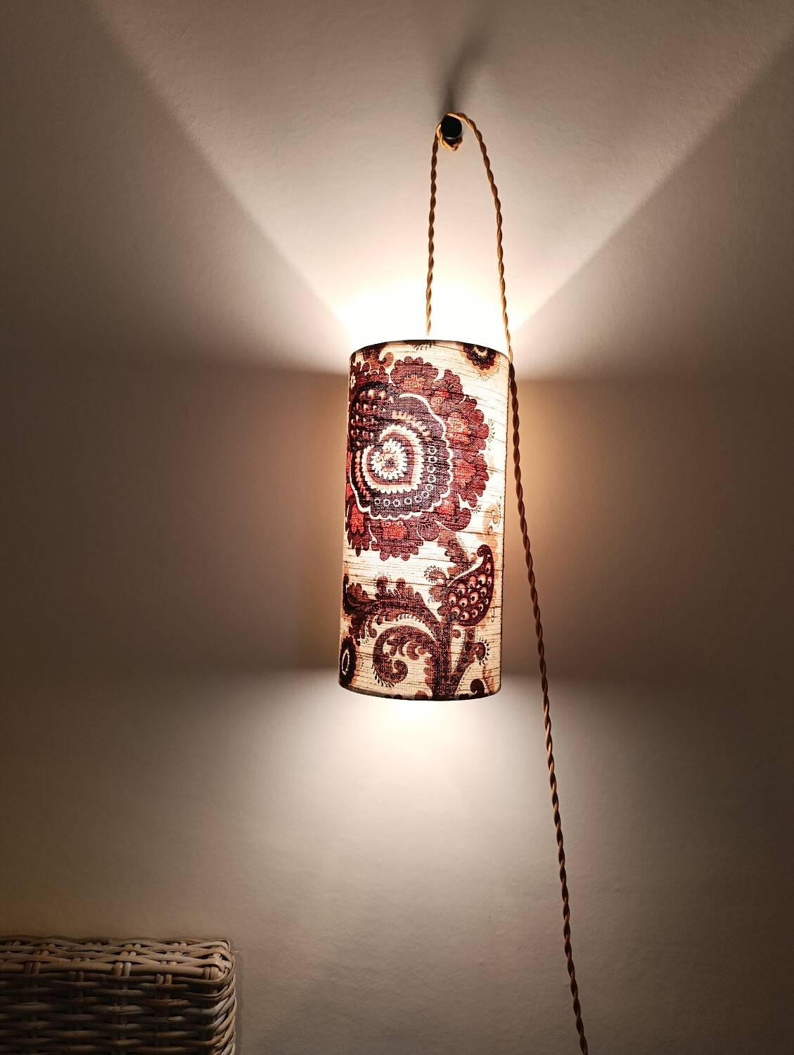 Vintage portable lamp with authentic seventies floral linen fabric.