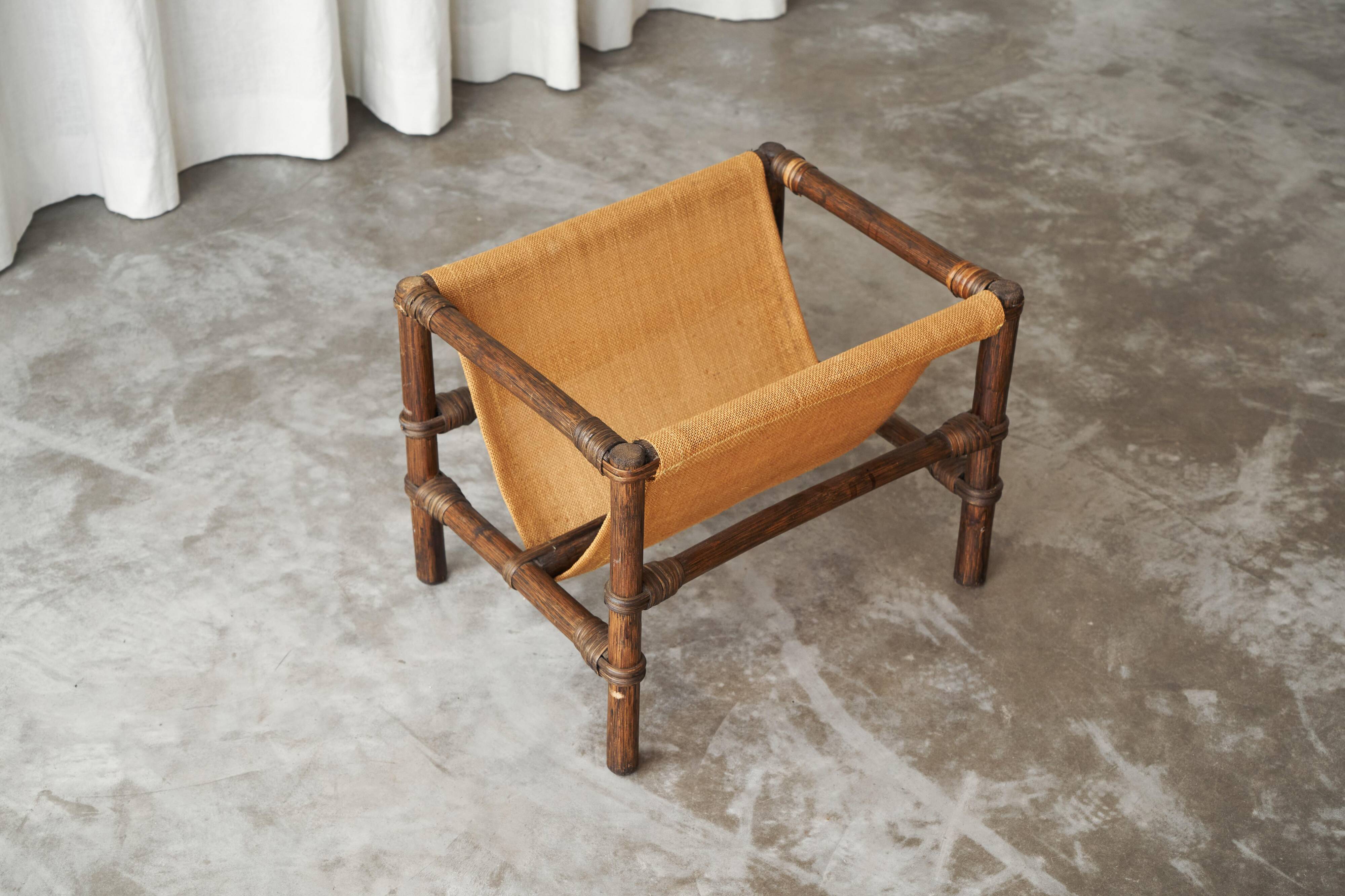 1970s canvas and bamboo magazine rack