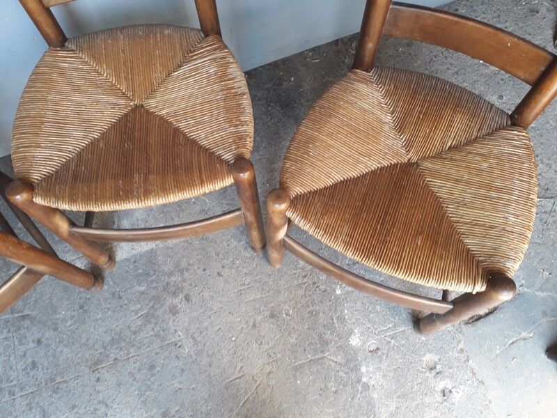 4 modernist chairs design wood and straw era 1960/70