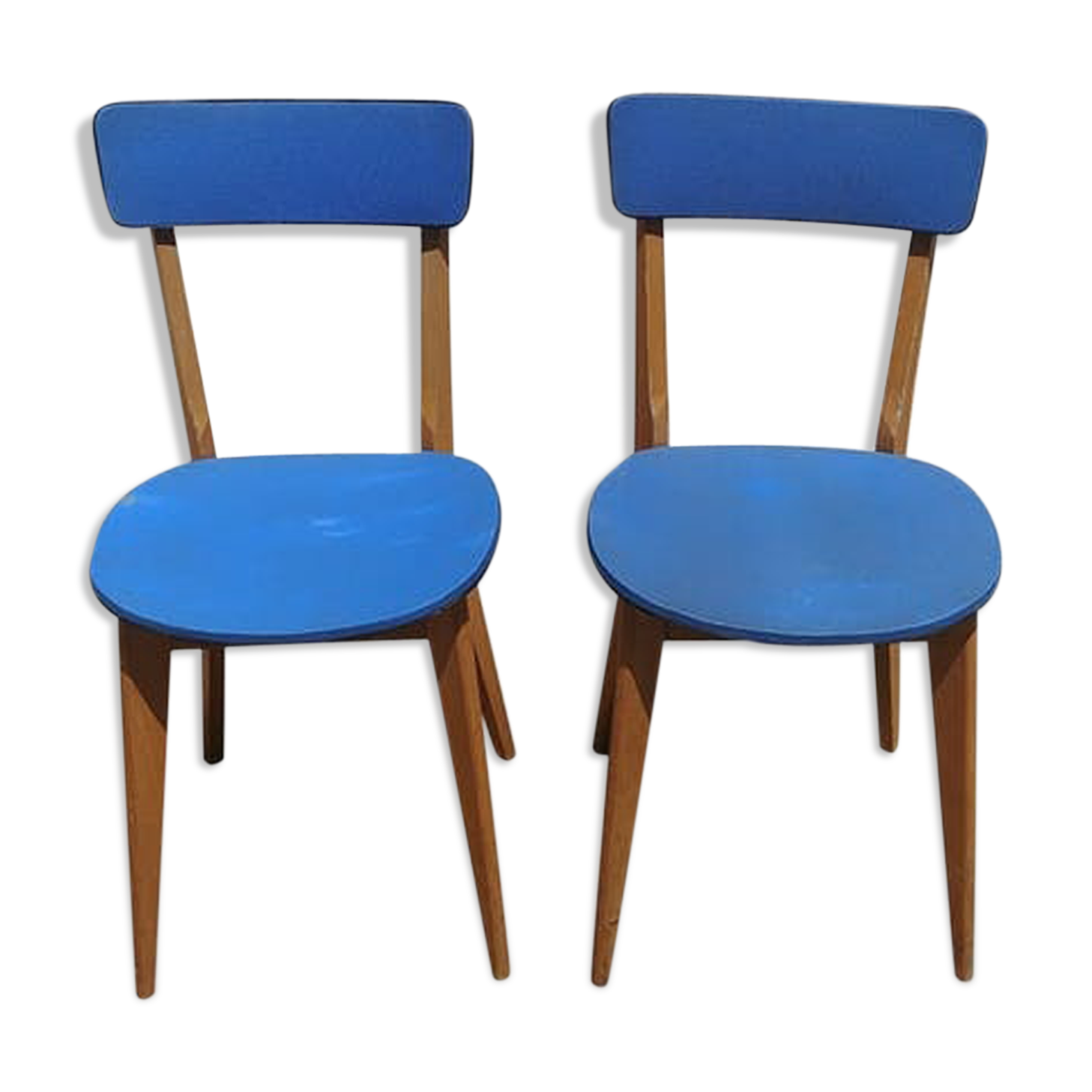 Pair of chairs in wood and blue coating