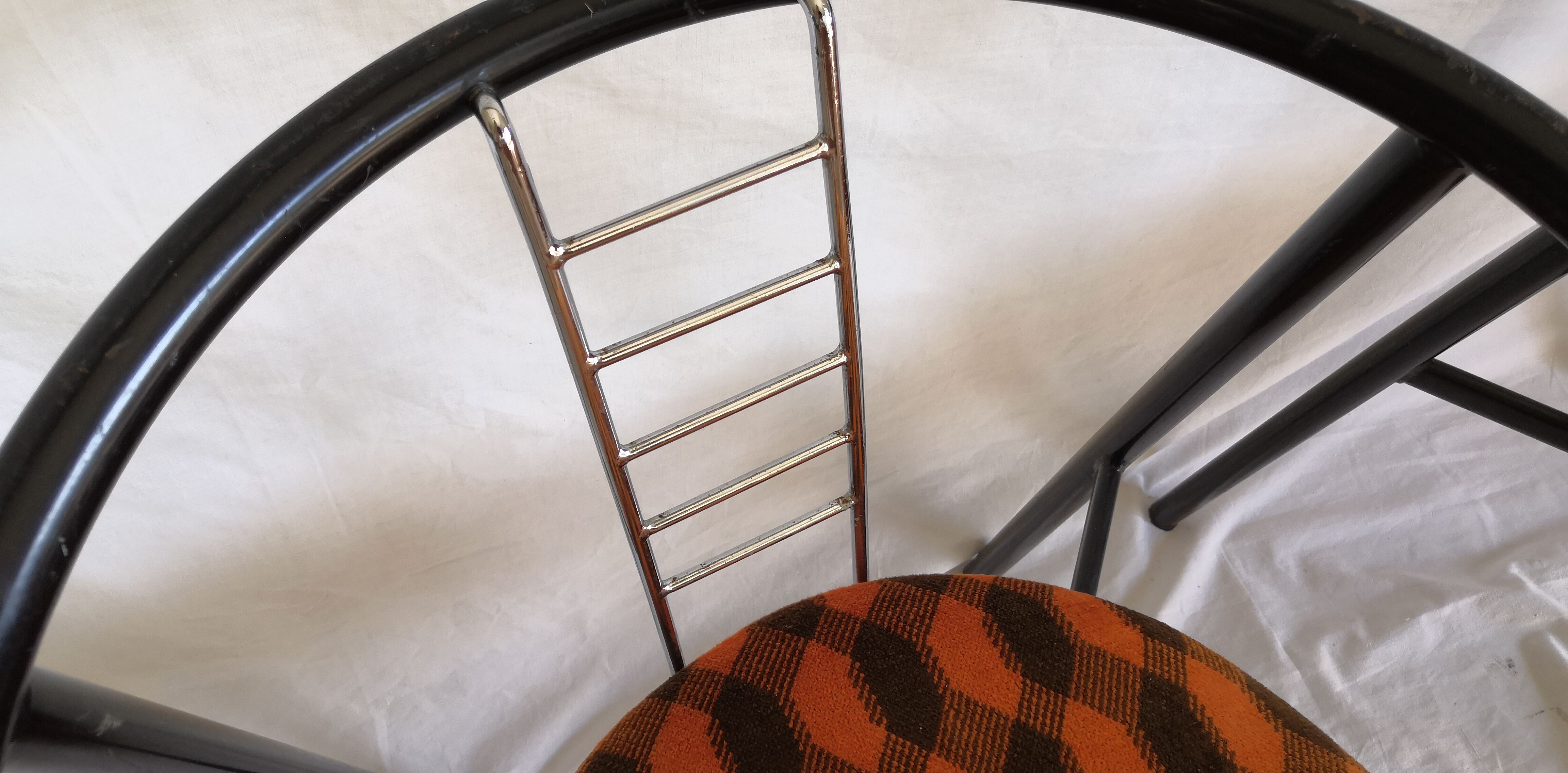 Duo of vintage metal and velvet armchairs