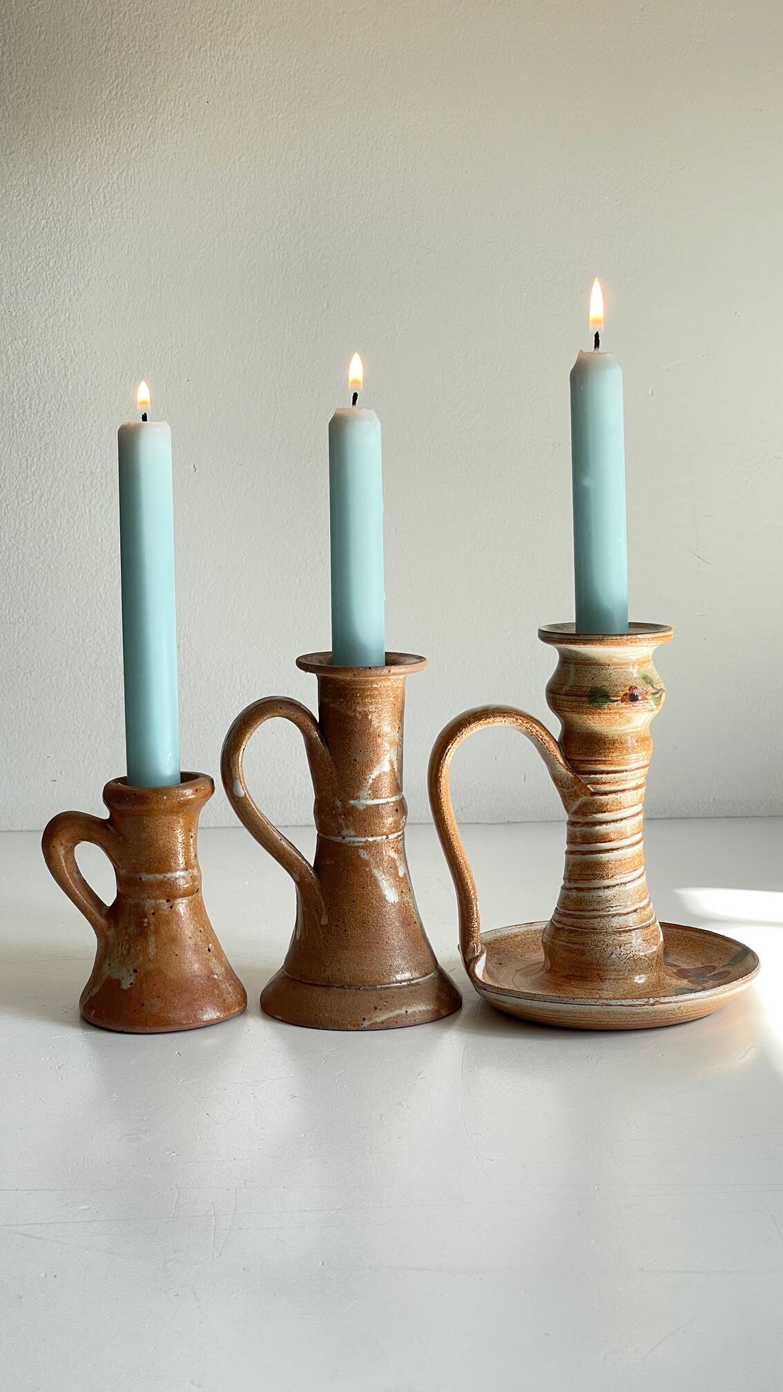 3 vintage handcrafted pottery candle holders