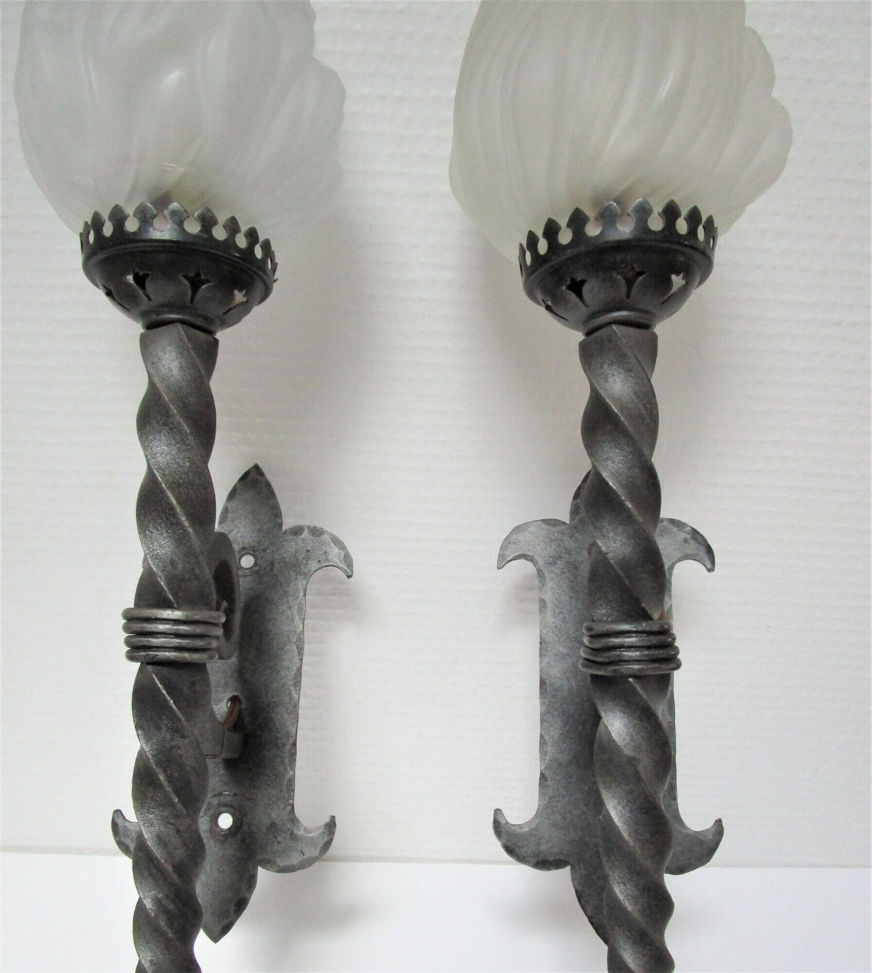 Pair of wall lamps torch glass flame and metal early XXth
