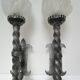 Pair of wall lamps torch glass flame and metal early XXth