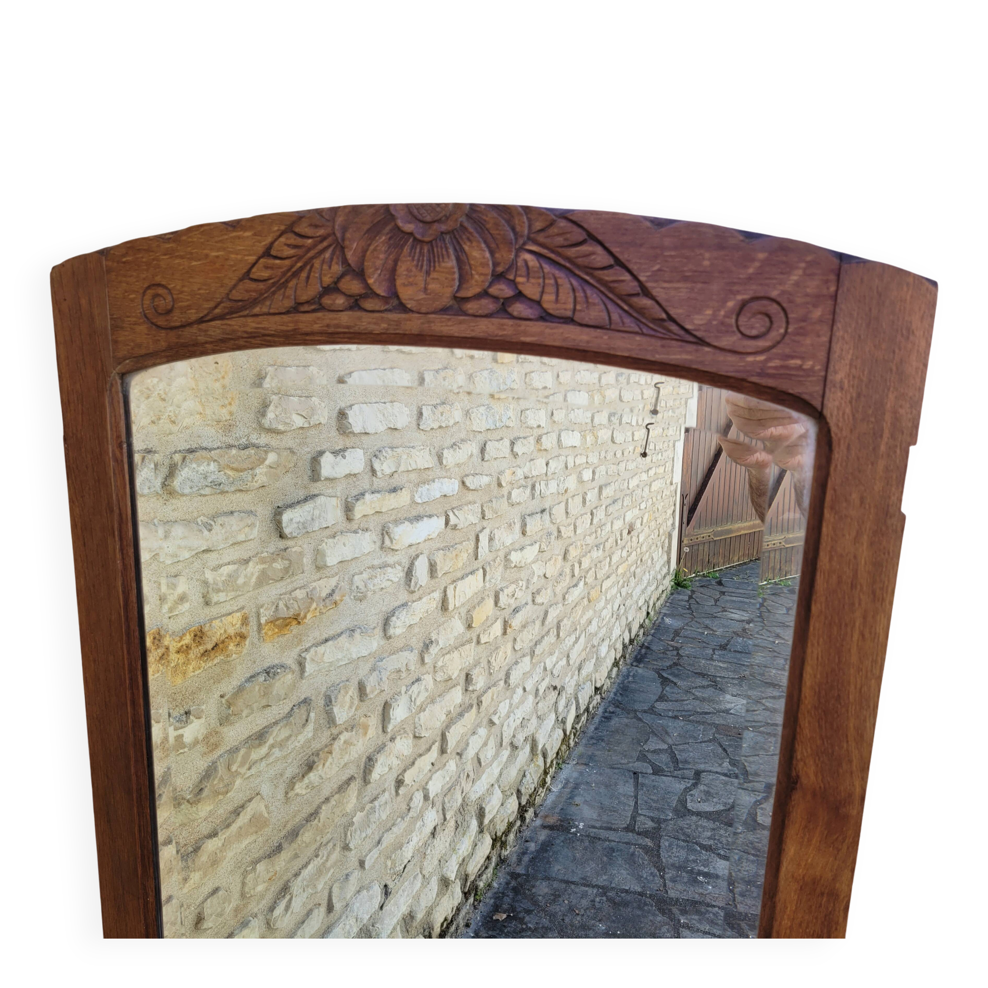 Art Deco oak mirror with bevelled glass from the 1930s.