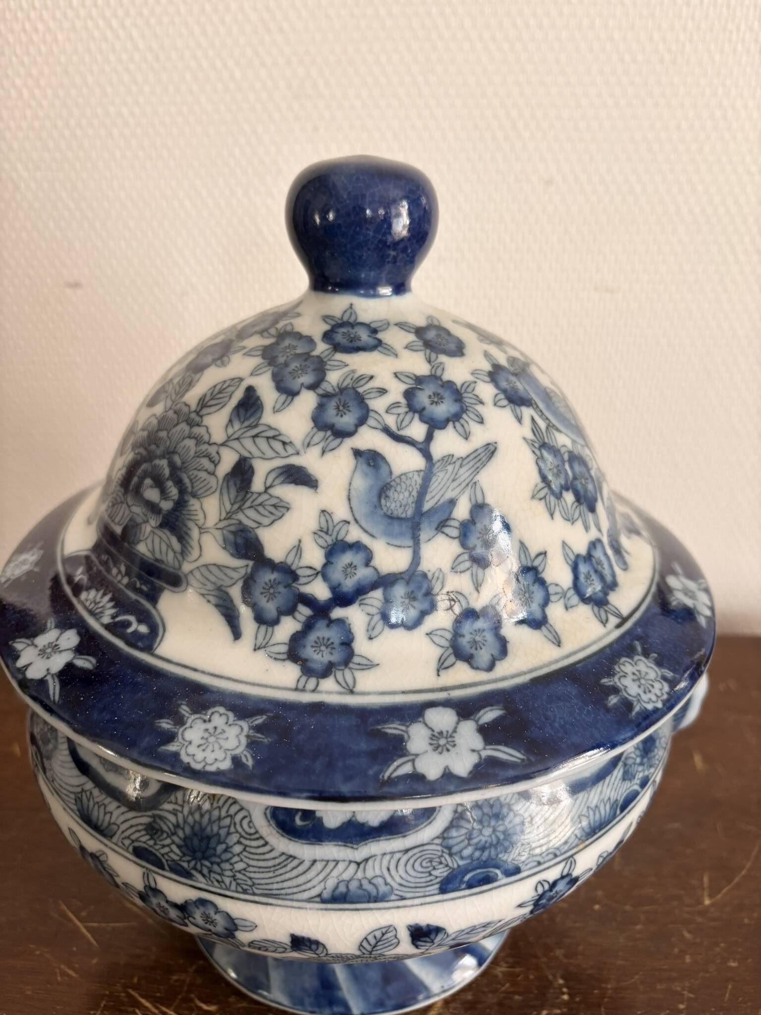 Antique Chinese Soup Tureen Porcelain Blue Bird Flower Decor Republic Period