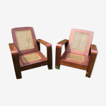 Pair of vintage rosewood and canning armchairs, Burma 1950