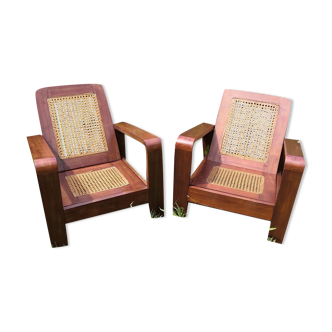 Paire de fauteuils vintage en palissandre et cannage, Birmanie 1950