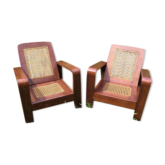 Pair of vintage rosewood and canning armchairs, Burma 1950