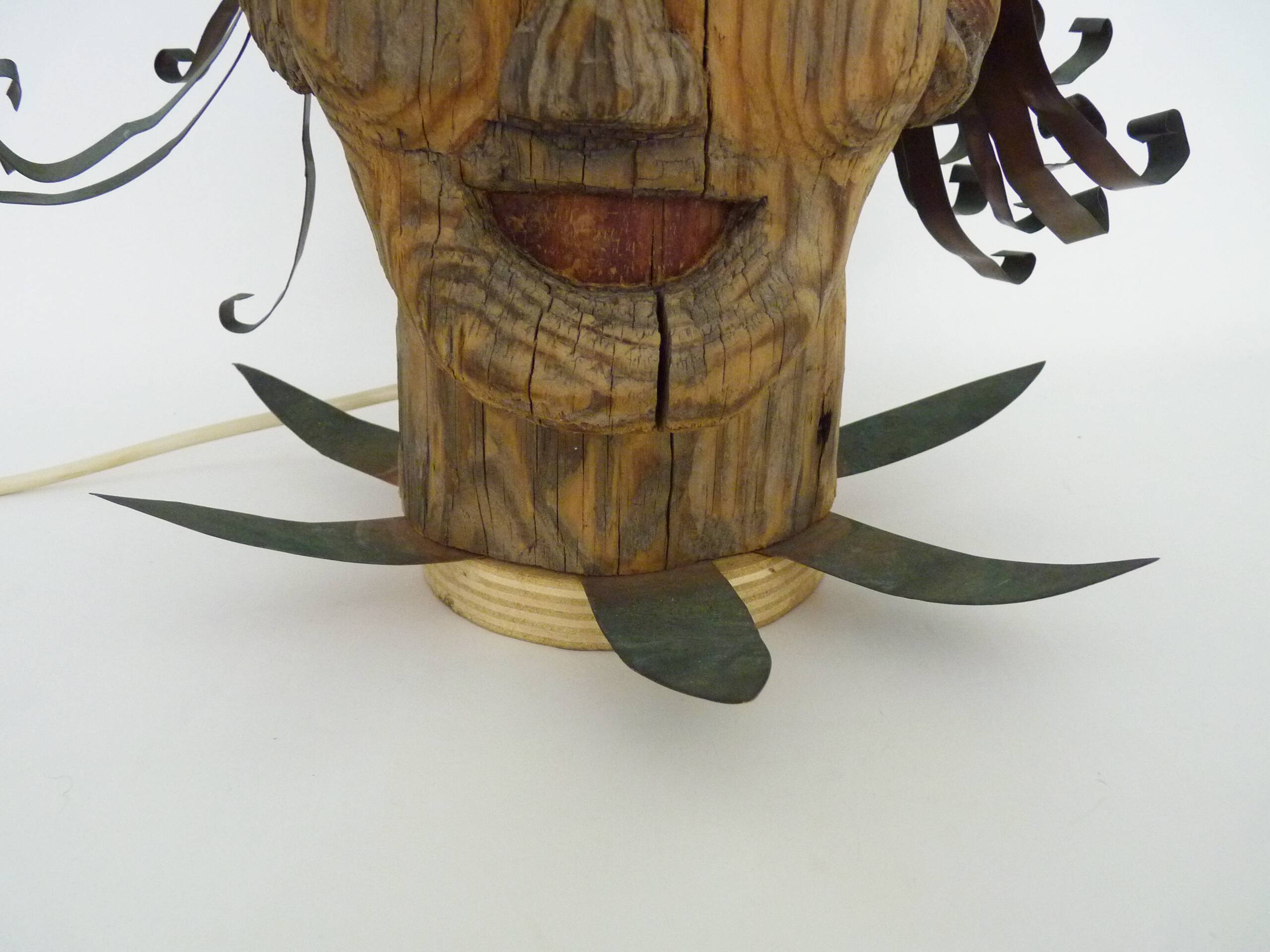 Unique piece. Wooden lamp and metal hair with devil's head "self-portrait"