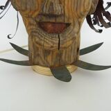 Unique piece. Wooden lamp and metal hair with devil's head "self-portrait"