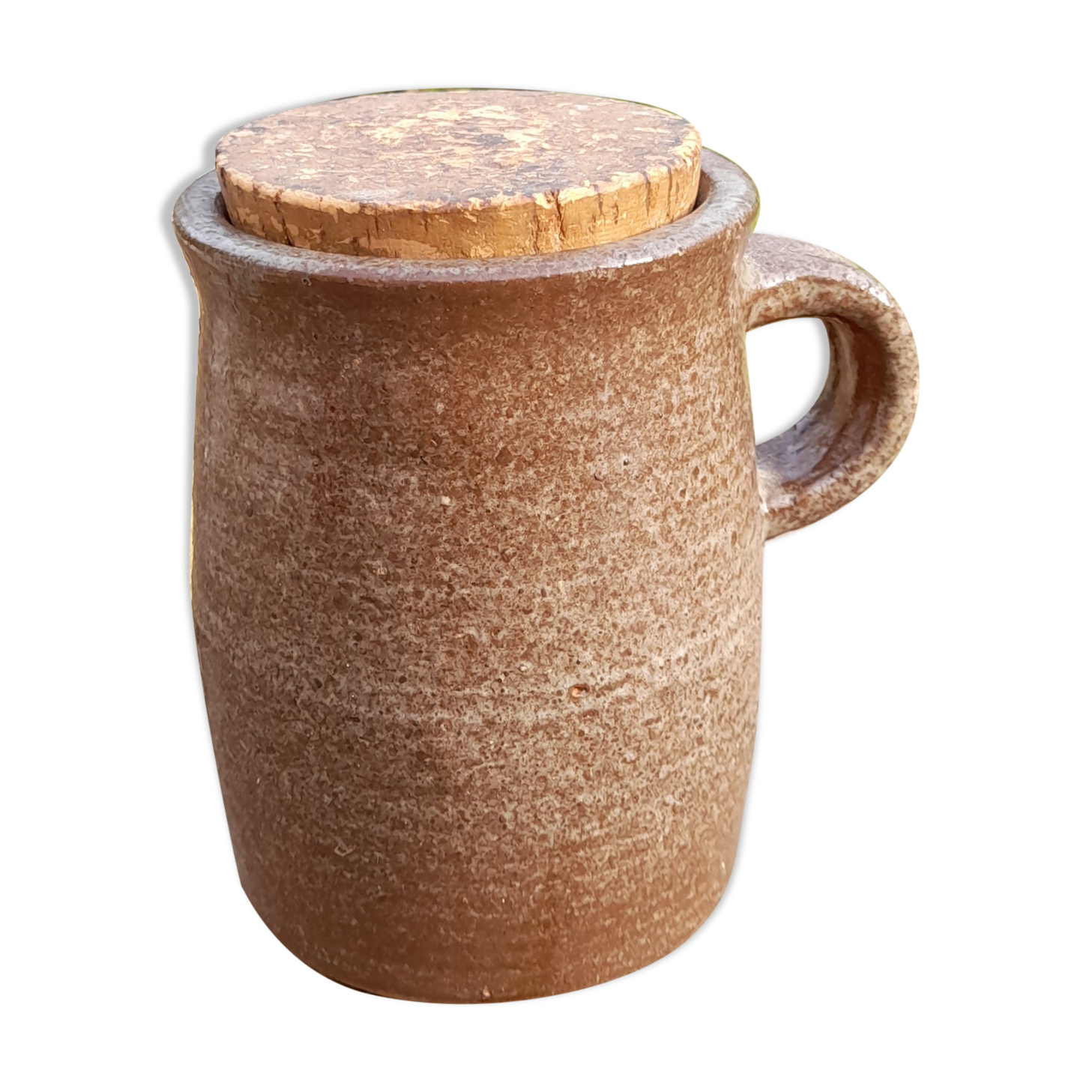 Old condiment pot in glazed pyrity sandstone, with cork lid, mid century