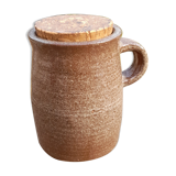 Old condiment pot in glazed pyrity sandstone, with cork lid, mid century