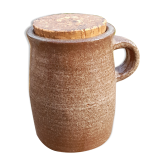 Old condiment pot in glazed pyrity sandstone, with cork lid, mid century
