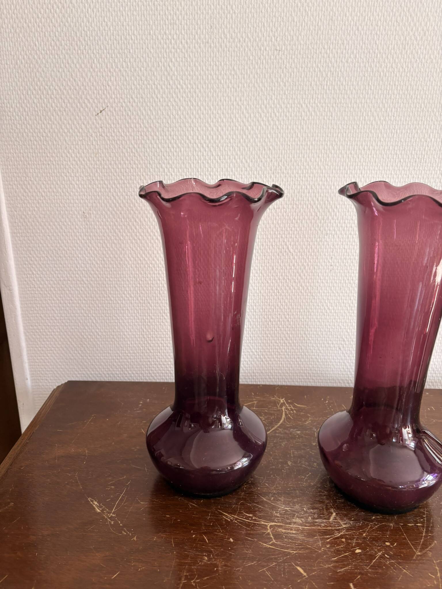 Pair of Trumpet Shaped Soliflore Vases, Purple, Mid Century, Italy, Empoli