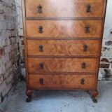 High walnut brown chest of drawers, antique tallboy with 5 drawers, honey finish.