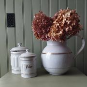 Rare large, pot-bellied toilet jug in white enamelled sheet metal with gold edging