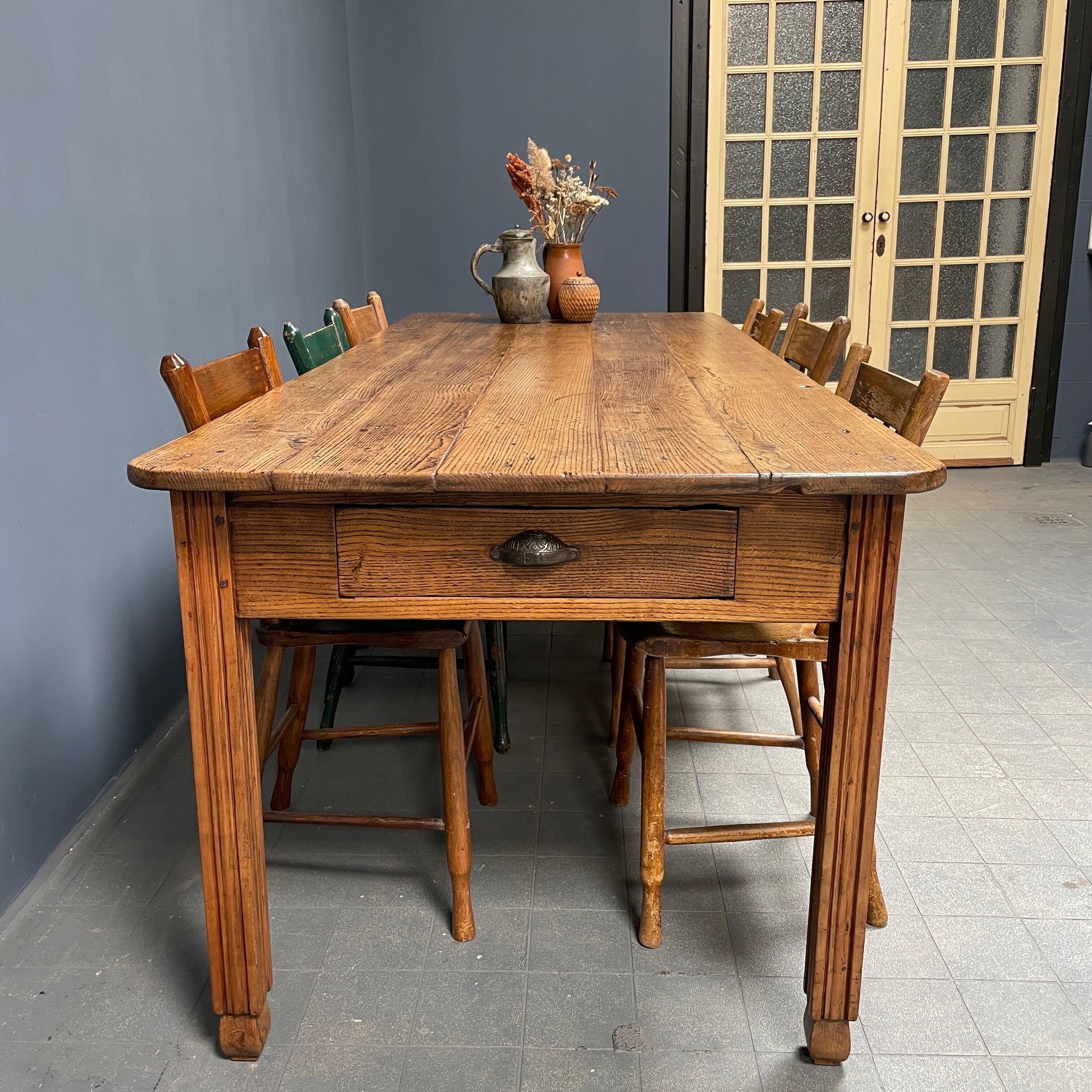 Large oak farmhouse table from France, early 1900s