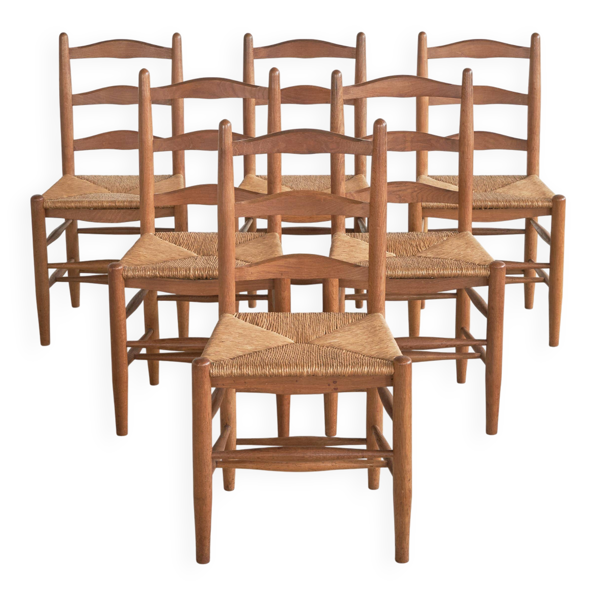 6 solid oak and woven bamboo chairs, mid-century, 1950s