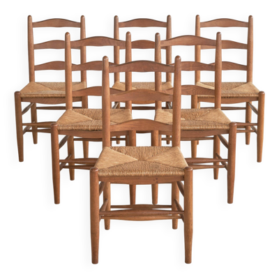 6 chaises en chêne massif et bambou tressé, milieu du siècle, années 1950