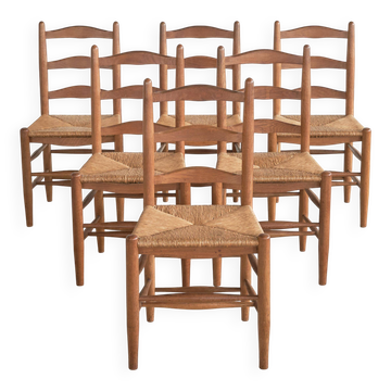 6 solid oak and woven bamboo chairs, mid-century, 1950s