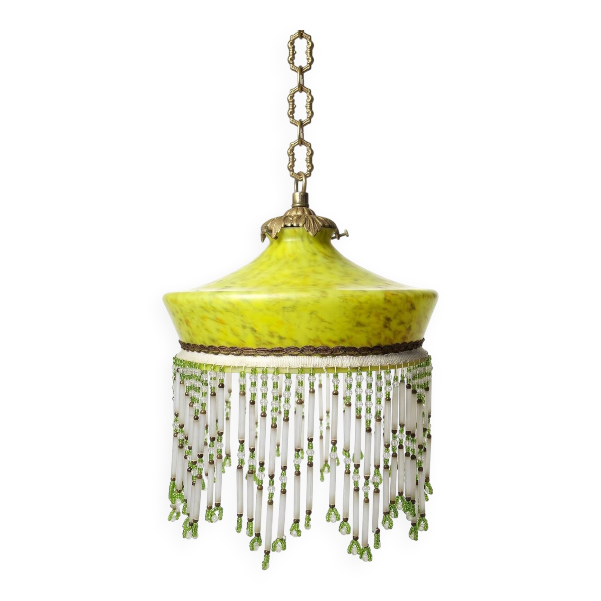 Antique Art Deco lampshade in yellow marbled glass with bead fringes.