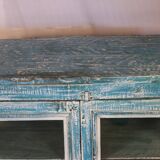 Ancien vaisselier en teck birman patine bleue-blanche d'origine