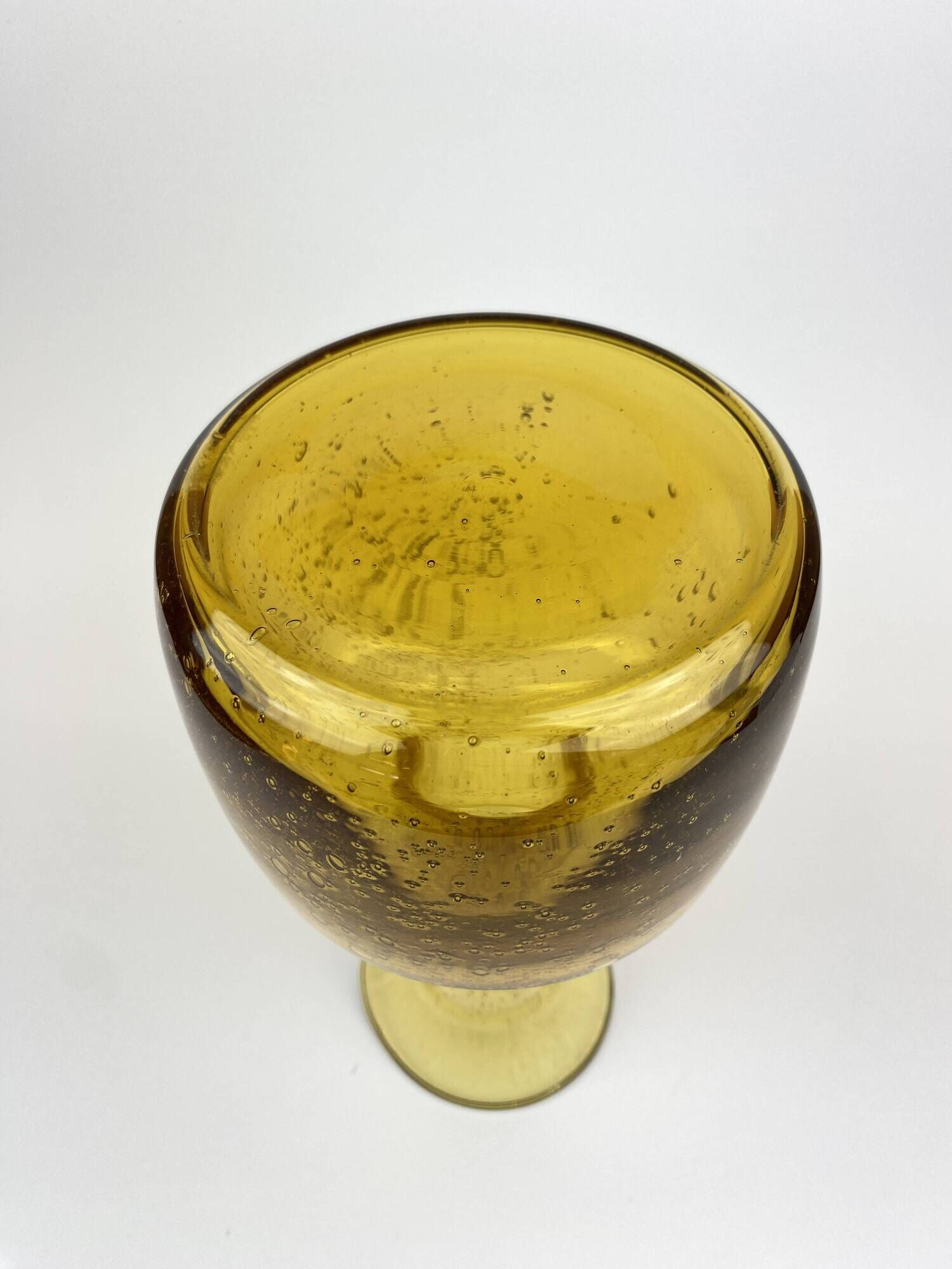 Ancien Vase Carafe Verre Soufflé Bullé Ambré Jaune