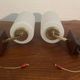 Pair of brass, wood and opaline glass wall lights from the 60s