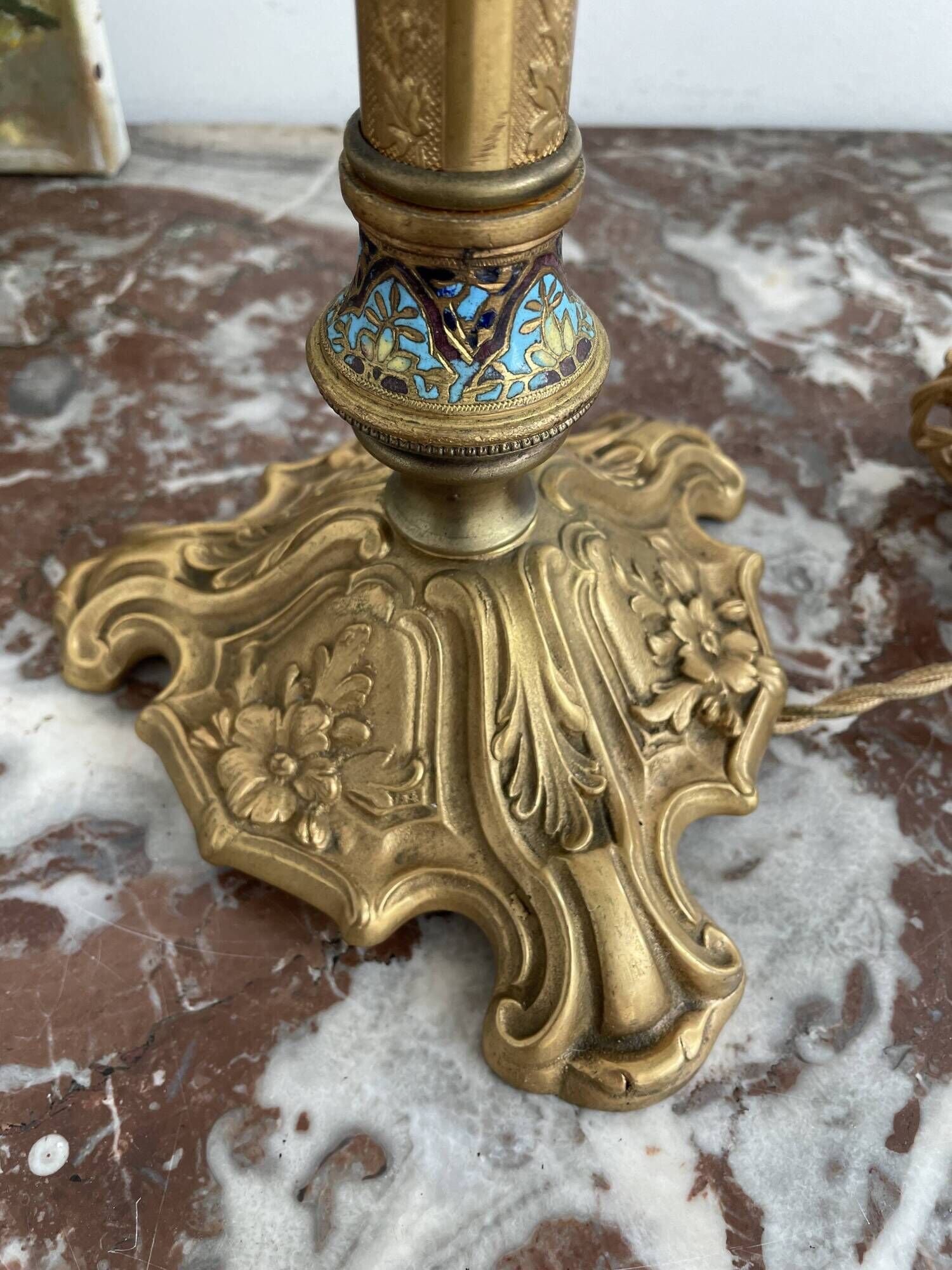 Antique, lamp, bronze, candle holder, gold, cloisonné enamel, ecru white lampshade, flower decor, leaf