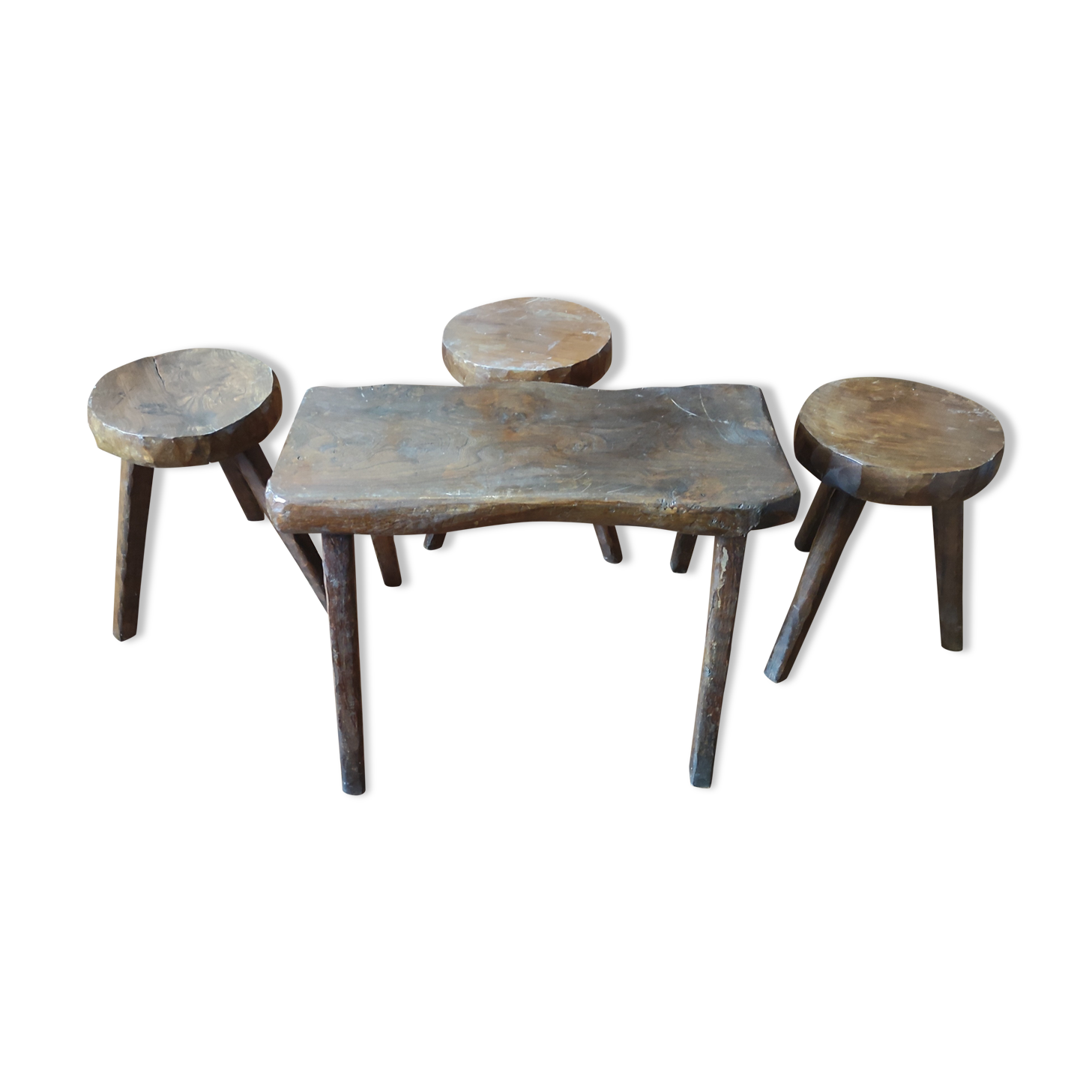 Brutalist living room / coffee table + 3 stools / design 20th