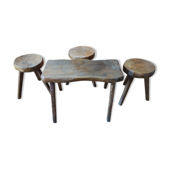 Brutalist living room / coffee table + 3 stools / design 20th