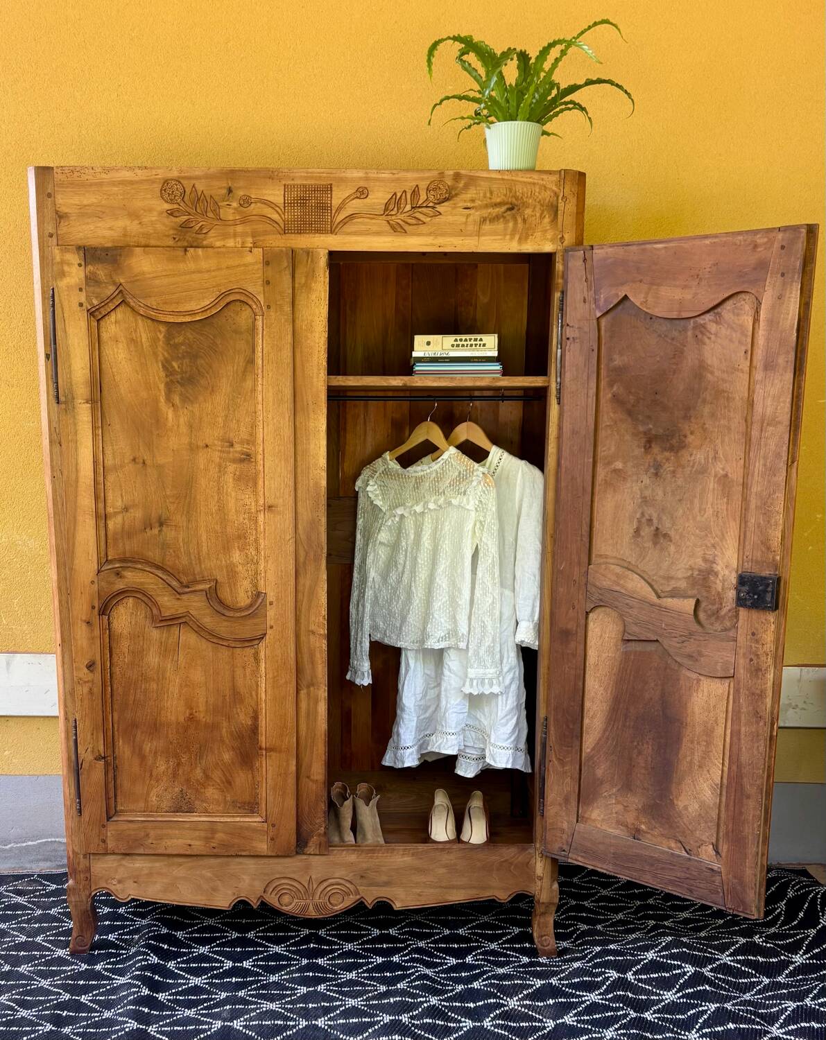 Armoire ancienne française en noyer massif – style Louis XV, fin XIXe siècle