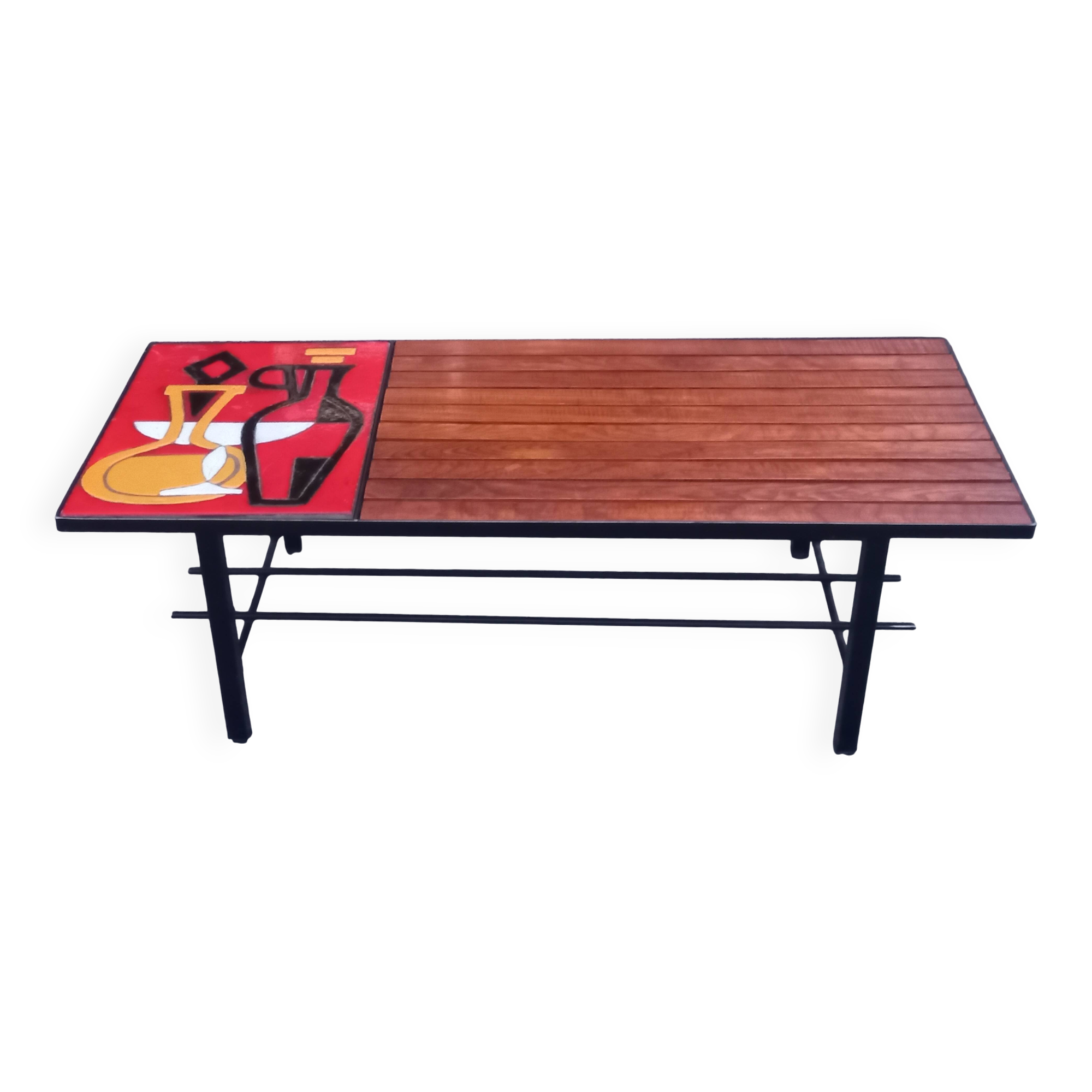 1970s design coffee table with ceramic and wood top, metal legs.