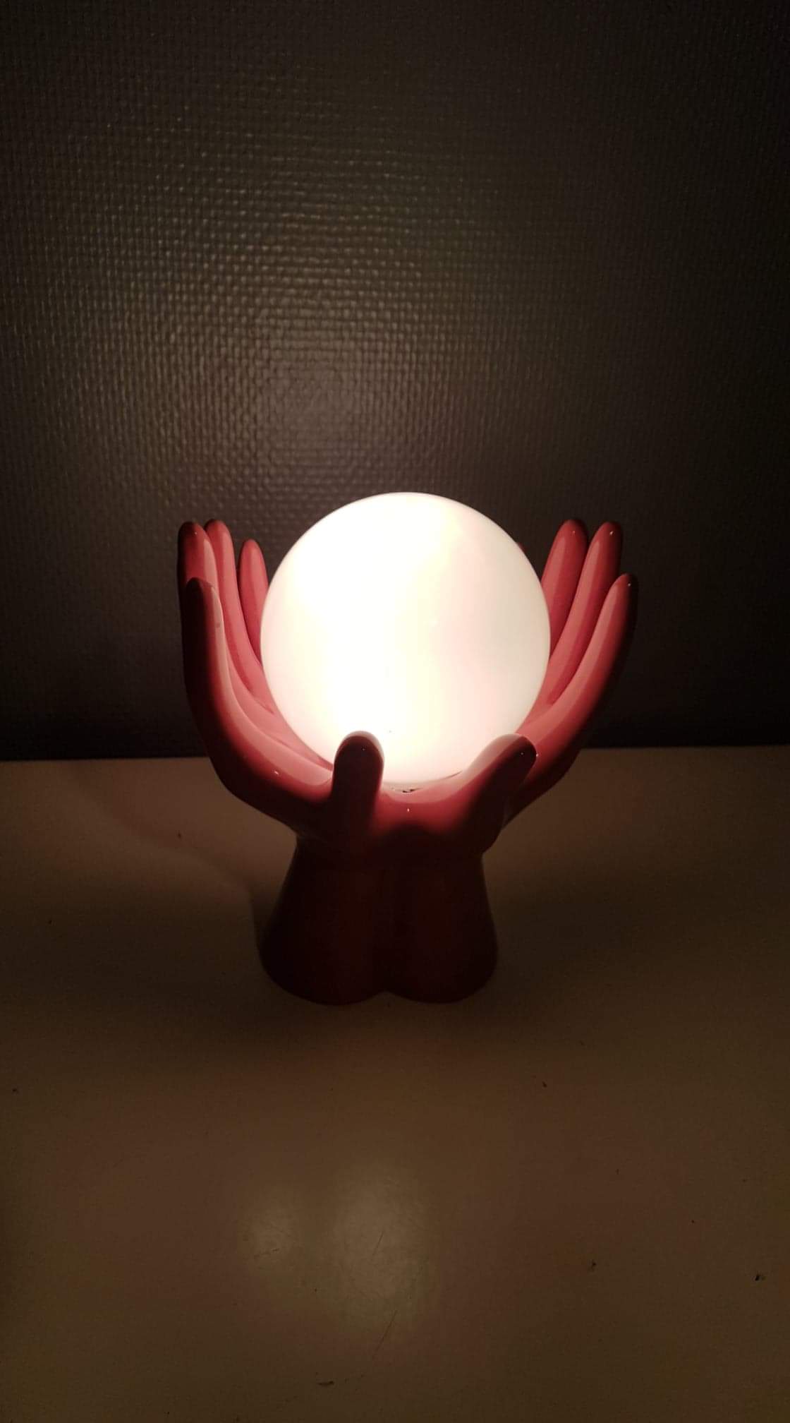 old pink ceramic hand lamp with vintage white opaline globe