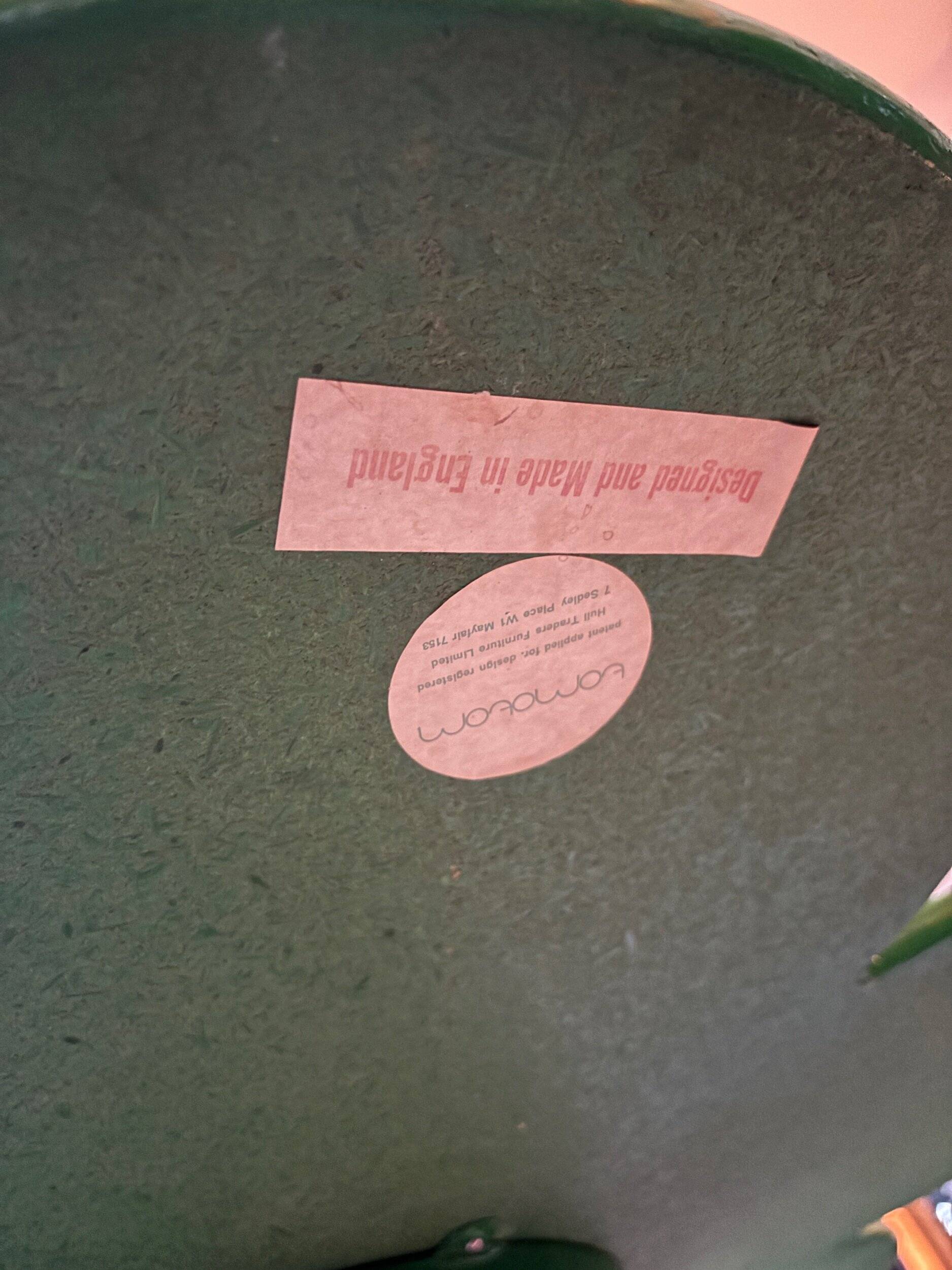 Tomotom table in wood and green metal by Bernard Holdaway, 1960