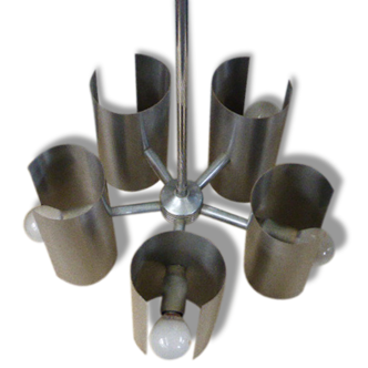 Lustre, suspension, 5 lampes design en métal brossé seventies