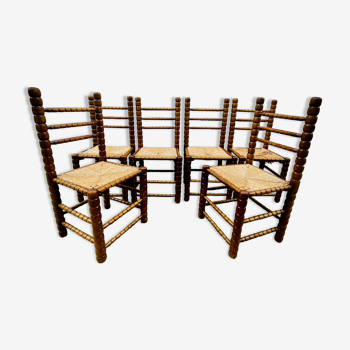 6 chaises brutalistes paillées en bois tourné des années 60