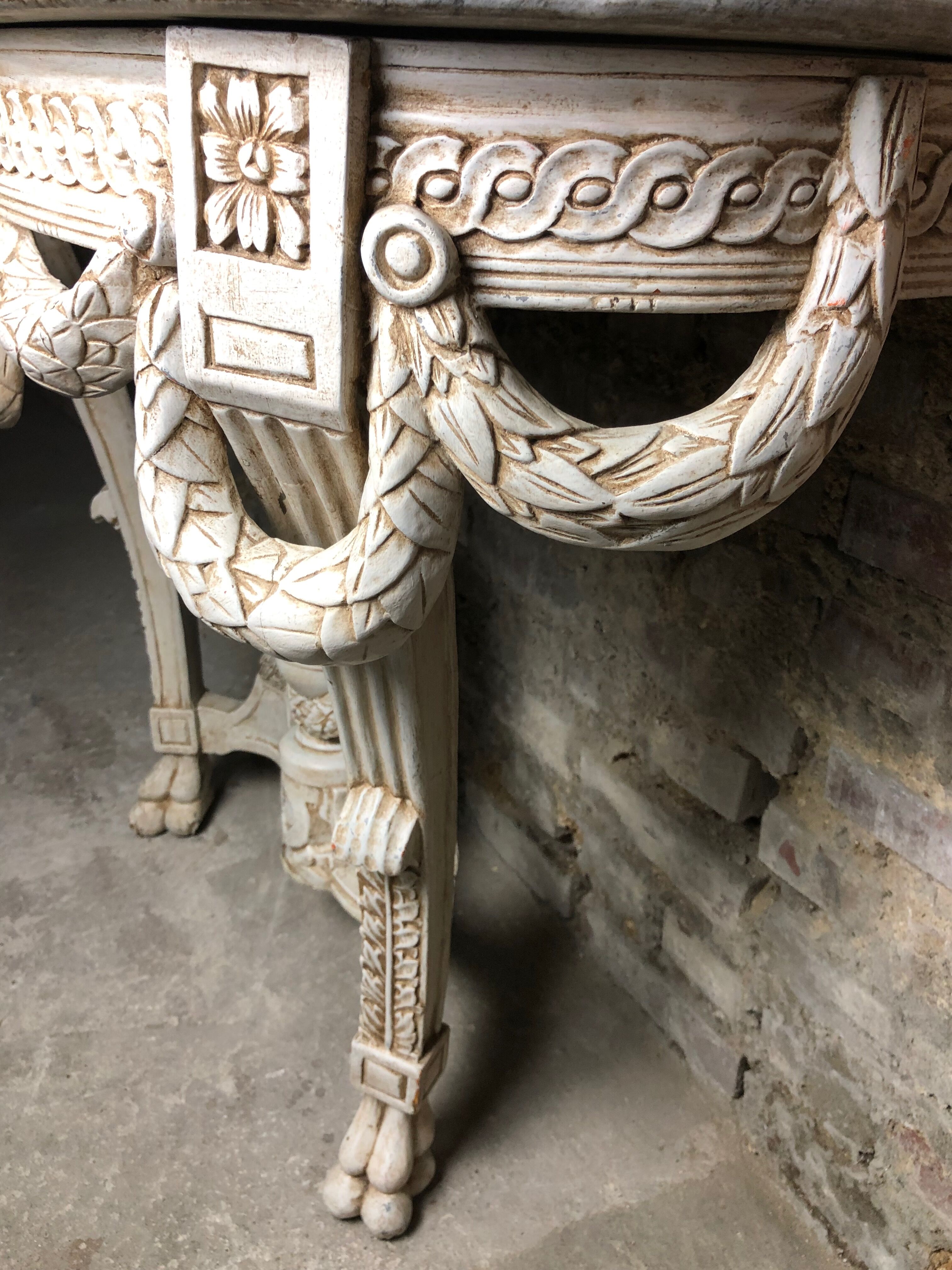 Louis XVI style console in carved wood beige patinated above gray marble