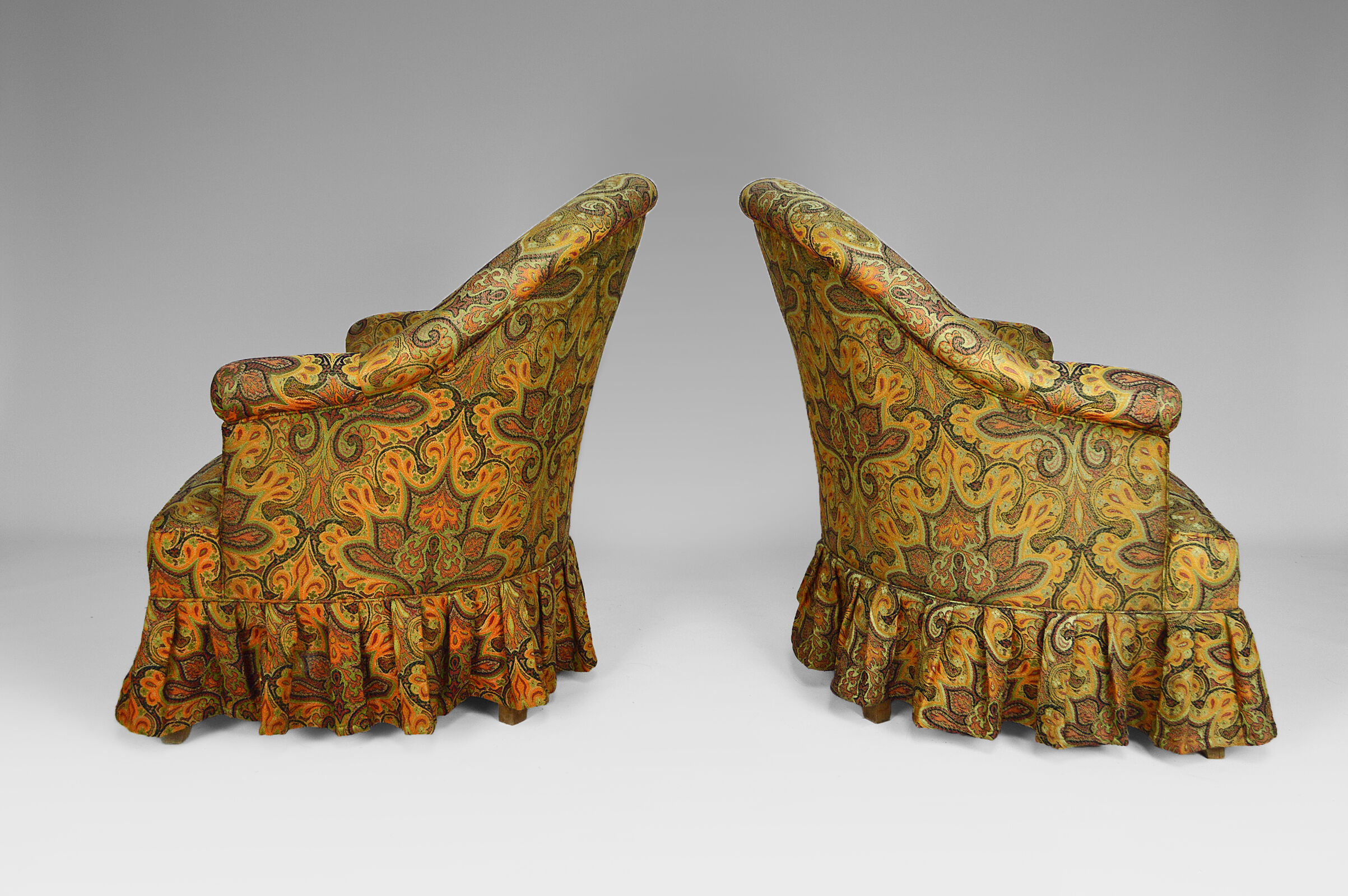 Pair of toad chairs, paisley fabric