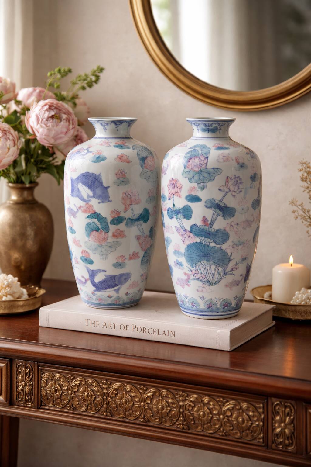 Pair of Baluster Vases Chinese Porcelain - Lotus & Carp - H35cm