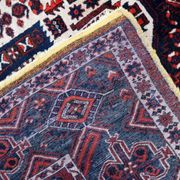 Vintage 1950s Persian Afshar rug, tribal double medallion, red field, 148cm x 211cm