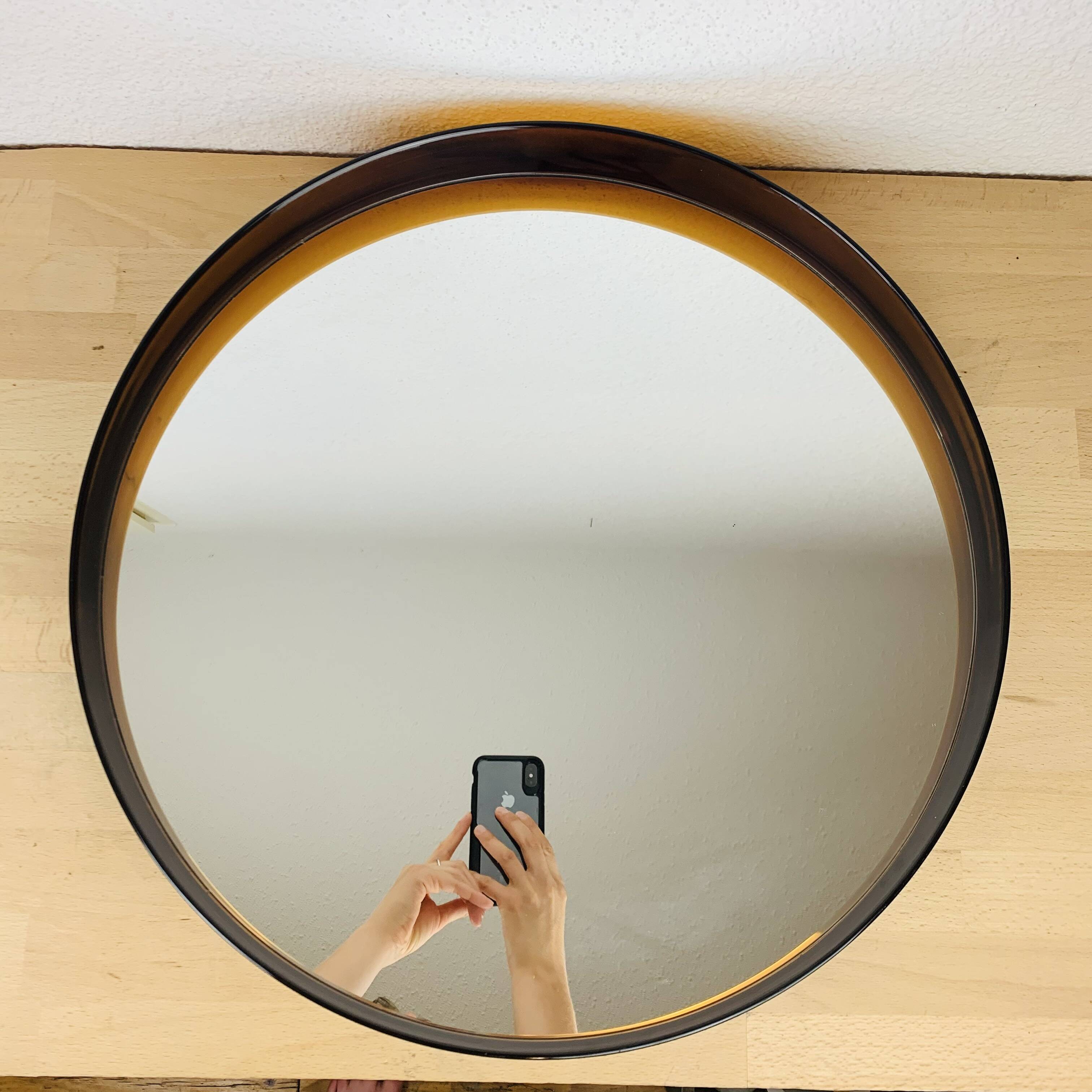 Round mirror Syla 710 amber rim, vintage 70's