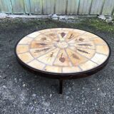 Vintage Roger Capron oval coffee table in ceramic, herbarium model with beech base.