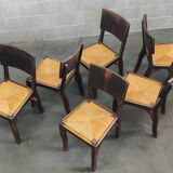 Suite of 6 chairs brutalist style straw and solid oak