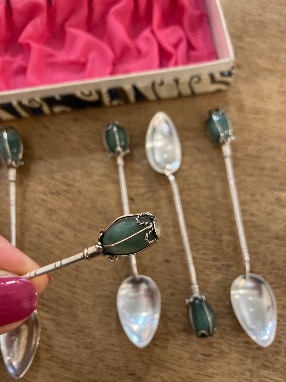 Box of 6 antique silver and jade spoons
