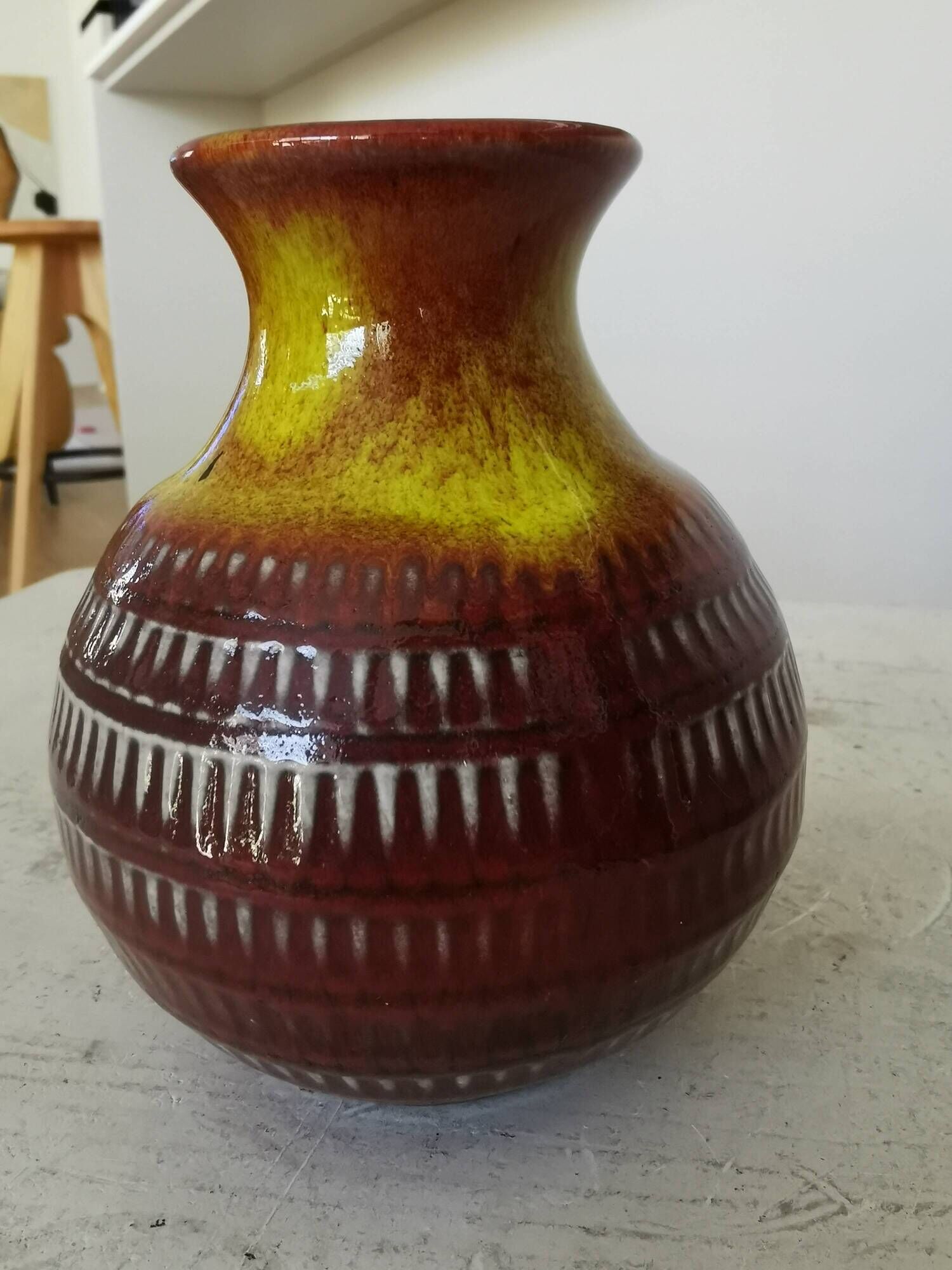 Vintage Scheurich Fat Lava Vase: West German Red & Yellow Pottery