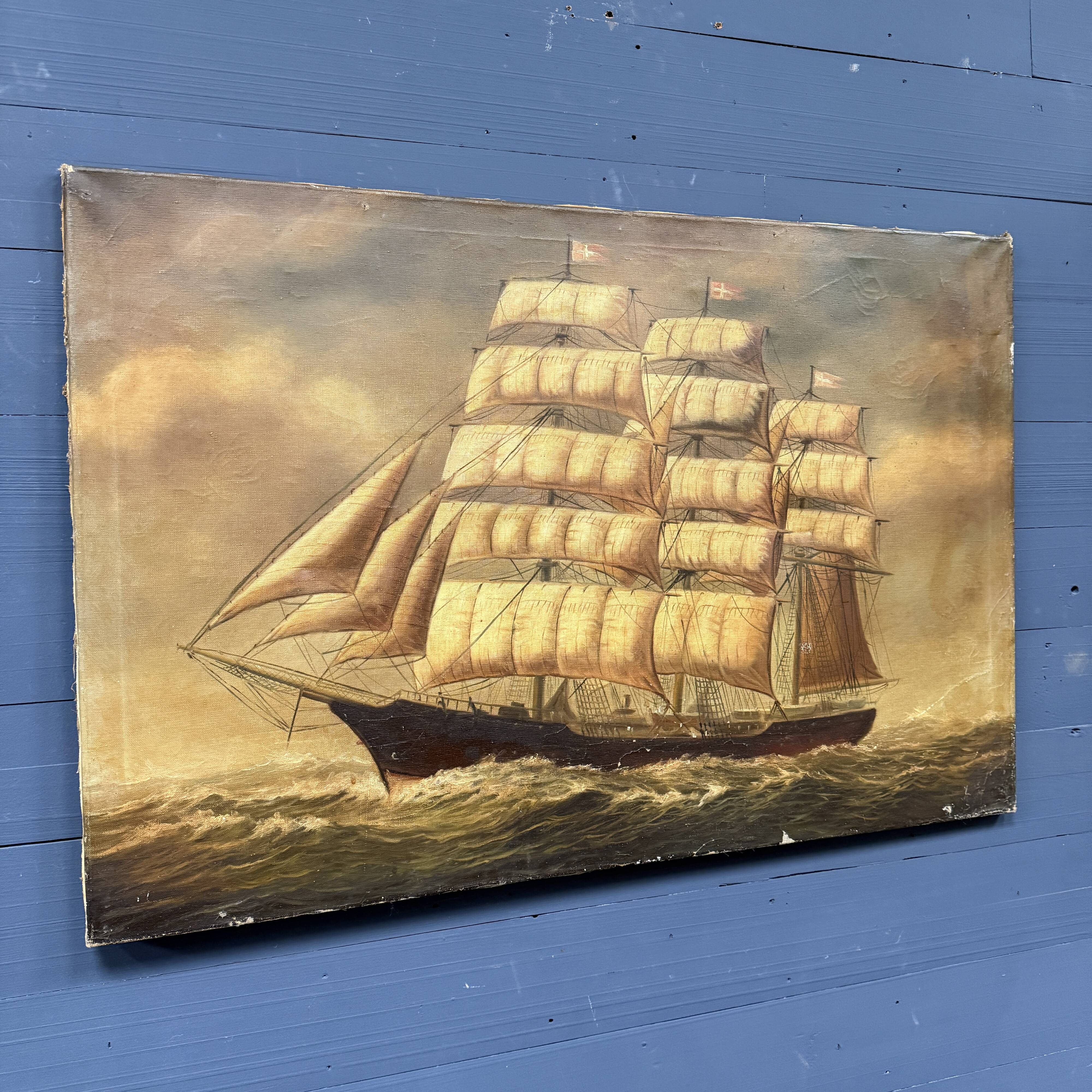 Large old oil painting of a ship